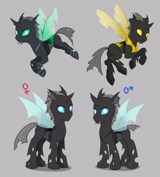 Size: 2869x3176 | Tagged: safe, artist:askbubblelee, imported from derpibooru, oc, oc only, changeling, changeling oc, fangs, flying, gray background, green changeling, group, simple background, yellow changeling
