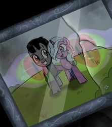 Size: 839x951 | Tagged: safe, artist:ognifireheart, idw, imported from derpibooru, king sombra, radiant hope, broken glass, cracked, glowing eyes, happy, hopebra, male, picture frame, reflection, sad, shipping, smiling, sombra eyes, straight