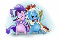 Size: 1949x1299 | Tagged: safe, artist:fenriz278, imported from derpibooru, starlight glimmer, trixie, pony, unicorn, bipedal, blush sticker, blushing, cape, chibi, clothes, crown, cute, diatrixes, eyes closed, glimmerbetes, jewelry, open mouth, regalia, robe, scepter, signature, smiling, style emulation, trixie's cape, trixie's hat, twilight scepter