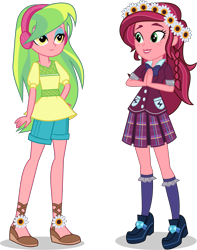 Size: 4739x6000 | Tagged: safe, artist:limedazzle, imported from derpibooru, gloriosa daisy, lemon zest, equestria girls, legend of everfree, absurd resolution, beautiful, classy, clothes, clothes swap, cute, daisybetes, duo, female, floral head wreath, flower, flower in hair, freckles, green, hands together, headphones, high heels, lesbian, pleated skirt, request, school uniform, shoes, shorts, show accurate, simple background, skirt, socks, transparent background, vector, zestabetes