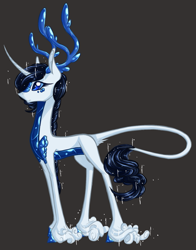 Size: 1127x1439 | Tagged: safe, artist:australian-senior, imported from derpibooru, oc, oc only, oc:rowena invictus, alicorn, kirin, pony, kirindos, alternate universe, antlers, blue eyes, colored hooves, colored sclera, crossover, curved horn, gray background, leonine tail, portal, portal (valve), portal 2, scales, simple background, solo, unshorn fetlocks