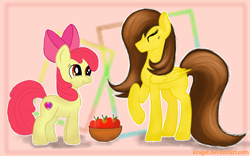 Size: 1920x1200 | Tagged: safe, artist:kraget, imported from derpibooru, apple bloom, oc, oc:golden lily, earth pony, pegasus, pony, abstract background, apple, bowl, cutie mark, duo, eating, eyes closed, female, filly, foal, food, mare, puffy cheeks, the cmc's cutie marks