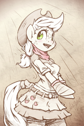 Size: 600x900 | Tagged: safe, artist:assasinmonkey, imported from derpibooru, applejack, anthro, unguligrade anthro, arm hooves, bandana, clothes, cowboy hat, cute, female, freckles, hat, jackabetes, monochrome, open mouth, solo, stetson