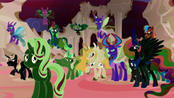 Size: 1920x1080 | Tagged: safe, edit, edited screencap, editor:watermelon changeling, imported from derpibooru, screencap, applejack, pinkie pie, princess cadance, princess celestia, princess flurry heart, princess luna, rainbow dash, rarity, shining armor, starlight glimmer, thorax, twilight sparkle, alicorn, changedling, changeling, earth pony, pegasus, pony, unicorn, to where and back again, alicorn pentarchy, baby, baby pony, horses doing horse things, inverted colors, king thorax, tricorn, twilight sparkle (alicorn), victory