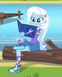 Size: 356x436 | Tagged: safe, imported from derpibooru, screencap, trixie, equestria girls, legend of everfree, book, clothes, converse, cropped, cute, diatrixes, female, reading, shoes, sitting, smiling, sneakers, solo, water