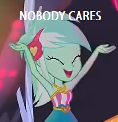 Size: 256x265 | Tagged: safe, edit, edited screencap, imported from derpibooru, screencap, lyra heartstrings, equestria girls, legend of everfree, cropped, crystal gala, female, image macro, meme, nobody cares, solo