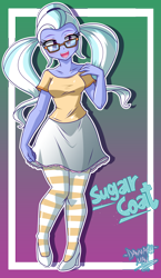 Size: 2030x3500 | Tagged: safe, artist:danmakuman, imported from derpibooru, sugarcoat, equestria girls, friendship games, alternate clothes, alternate costumes, clothes, commission, cute, female, glasses, high heels, looking at you, pantyhose, pigtails, shoes, skirt, skirt pull, smiling, solo, striped pantyhose, sugarcute, twintails