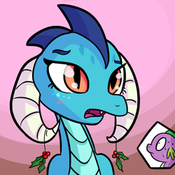 Size: 1280x1280 | Tagged: safe, artist:tjpones, artist:tjpones edits, edit, imported from derpibooru, princess ember, spike, blushing, bust, cute, emberbetes, emberspike, holly, holly mistaken for mistletoe, male, offscreen character, open mouth, portrait, shipping, straight, textless