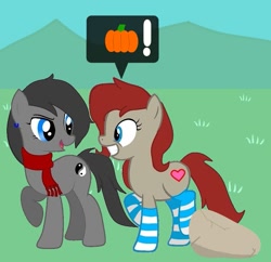 Size: 723x700 | Tagged: safe, artist:kenos, imported from derpibooru, oc, oc only, oc:kenos, oc:ponepony, pony, pony town, clothes, exclamation point, pictogram, pumpkin, raised hoof, rock, scarf, socks, striped socks