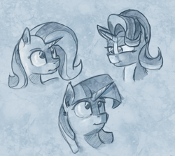 Size: 2297x2061 | Tagged: safe, artist:post-it, imported from derpibooru, starlight glimmer, trixie, twilight sparkle, pony, unicorn, bust, colored sketch, lidded eyes, monochrome, portrait, sketch, sketch dump