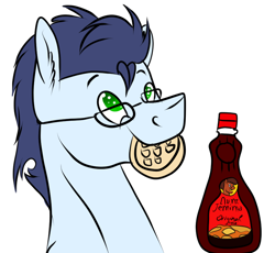 Size: 860x790 | Tagged: safe, artist:neonaarts, imported from derpibooru, soarin', pony, aunt jemima, cute, food, glasses, male, mouth hold, nerd, solo, waffle