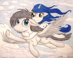 Size: 1336x1060 | Tagged: safe, artist:thefriendlyelephant, imported from derpibooru, oc, oc only, pegasus, pony, unicorn, birthday gift, cloud, commission, couple, cute, flying, traditional art