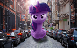 Size: 3000x1875 | Tagged: safe, artist:flutterbatismagic, imported from derpibooru, twilight sparkle, alicorn, pony, :3, >:3, behaving like a cat, car, catface, city, cute, funny, giant pony, giantess, glare, irl, looking at you, macro, mega twilight sparkle, new york city, photo, ponies in real life, prone, silly face, smirk, song in the comments, street, twiabetes, twilight cat, twilight sparkle (alicorn)