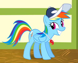 Size: 800x650 | Tagged: safe, imported from derpibooru, screencap, rainbow dash, pegasus, pony, flight to the finish, cap, coach, coach rainbow dash, cute, dashabetes, female, happy, hat, mare, ponyville schoolhouse, rainbow, rainbow dashs coaching whistle, smiling, solo, whistle, whistle necklace, wide grin