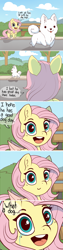 Size: 800x3155 | Tagged: safe, artist:evehly, imported from derpibooru, fluttershy, dog, pegasus, pony, shiba inu, :3, :p, adorable face, bench, bush, chibi, cloud, comic, context is for the weak, crying, cute, dialogue, doge, doggo, duo, ear fluff, female, fluffy, mare, meme, open mouth, ponified meme, shibe, shyabetes, smiling, tears of joy, that pony sure does love animals, tongue out, tree, wat, watching, wide eyes