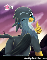 Size: 715x900 | Tagged: safe, artist:clouddg, imported from derpibooru, gabby, griffon, the fault in our cutie marks, female, looking at you, looking back, looking back at you, one eye closed, signature, solo, thumbs up, wink