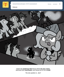 Size: 666x800 | Tagged: safe, artist:egophiliac, imported from derpibooru, nightmare moon, princess luna, oc, oc:frolicsome meadowlark, oc:sunshine smiles (egophiliac), bat pony, pony, moonstuck, cartographer's cap, dark woona, filly, grayscale, hat, monochrome, moonflower, nightmare woon, stomping, tumblr, woona, younger