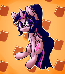 Size: 4800x5400 | Tagged: safe, artist:bloodatius, artist:luxaestas, imported from derpibooru, sci-twi, twilight sparkle, alicorn, pony, equestria girls, absurd resolution, alternate hairstyle, book, bookhorse, both cutie marks, cute, equestria girls ponified, female, glasses, looking at you, mare, ponified, scitwilicorn, sitting, smiling, solo, twiabetes