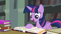 Size: 6000x3375 | Tagged: safe, artist:dashiesparkle, imported from derpibooru, twilight sparkle, alicorn, pony, twilight's kingdom, book, bookshelf, female, folded wings, mare, solo, table, that pony sure does love books, twilight sparkle (alicorn), vector