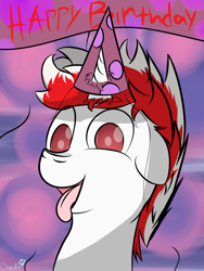 Size: 3000x4000 | Tagged: safe, artist:cloufy, imported from derpibooru, oc, oc only, oc:shadow starfang, pony, unicorn, birthday, happy birthday, hat, party hat, solo, tongue out