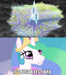 Size: 853x960 | Tagged: safe, edit, edited screencap, imported from derpibooru, screencap, princess celestia, the crystal empire, bullshit, cloud, crystal empire, grin, image macro, insane troll logic, it's just a prank bro, meme, op is a duck, op is on drugs, op is trying to start shit, smiling, trollestia