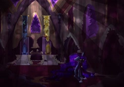 Size: 960x678 | Tagged: safe, artist:darkestsunset, imported from derpibooru, princess luna, castle of the royal pony sisters, female, flag, ruins, sad, solo, throne