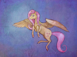 Size: 2592x1936 | Tagged: safe, artist:sofia-the-dreamer, imported from derpibooru, fluttershy, female, flying, looking away, smiling, solo, spread wings, traditional art