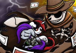 Size: 1754x1240 | Tagged: safe, artist:rambopvp, imported from derpibooru, oc, oc only, oc:blackjack, oc:dealer, oc:morning glory (project horizons), cyborg, earth pony, pony, unicorn, fallout equestria, fallout equestria: project horizons, amputee, armor, bone, cybernetic legs, female, gloryjack, lesbian, lightning, oc x oc, playing card, shipping, skeleton