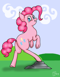 Size: 4800x6200 | Tagged: safe, artist:quicktimepony, imported from derpibooru, pinkie pie, pony, absurd resolution, bipedal, butt, female, looking back, plot, signature, solo, underhoof