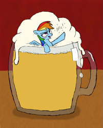 Size: 1125x1401 | Tagged: safe, artist:friendshipishorses, imported from derpibooru, rainbow dash, pony, alcohol, beer, blushing, cup of pony, dashaholic, drunk, drunker dash, female, hiccup, hiccups, micro, onomatopoeia, shrunk, solo, tankard, tiny ponies