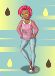 Size: 900x1238 | Tagged: safe, artist:yunsildin, imported from derpibooru, babs seed, human, clothes, converse, female, humanized, jeans, pants, ripped jeans, shoes, sneakers, solo, tanktop