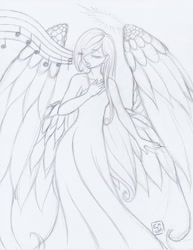 Size: 2548x3292 | Tagged: safe, artist:yunsildin, imported from derpibooru, fluttershy, human, female, humanized, monochrome, singing, solo, winged humanization