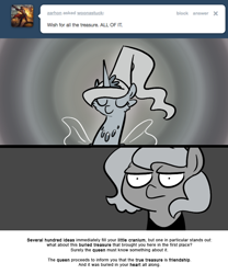 Size: 666x800 | Tagged: safe, artist:egophiliac, imported from derpibooru, princess luna, oc, oc:serenitatis, sea pony, moonstuck, filly, grayscale, look of disapproval, luna is not amused, monochrome, unamused, woona, woonoggles, younger