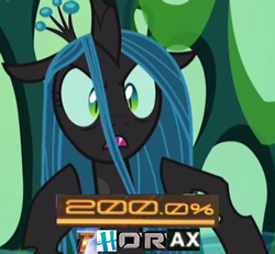 Size: 520x480 | Tagged: safe, edit, edited screencap, editor:watermelon changeling, imported from derpibooru, screencap, queen chrysalis, changeling, changeling queen, to where and back again, 200% mad, changeling hive, cropped, expand dong, exploitable meme, female, glare, implied thorax, meme, pointing, solo, throne