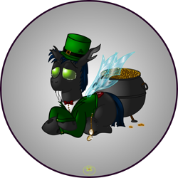 Size: 5000x5000 | Tagged: safe, artist:lakword, imported from derpibooru, oc, oc only, oc:flik, changeling, absurd resolution, changeling oc, clothes, costume, cute, fangs, gold, halloween, leprechaun, lidded eyes, pocket watch, pot, pot of gold, prone, simple background, smiling, solo, transparent background