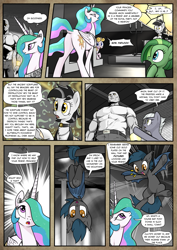 Size: 1363x1920 | Tagged: safe, artist:pencils, imported from derpibooru, limestone pie, princess celestia, oc, oc:anon, oc:jade aurora, oc:padlock, oc:speck, alicorn, bat pony, earth pony, human, pony, unicorn, comic:anon's pie adventure, :o, behaving like a bat, belt, belt buckle, butt, candle, chest fluff, choker, church, clerical robes, clothes, comic, confused, crown, cute, dock, fangs, female, flying, frog (hoof), frown, glare, glowing eyes, grammar error, hair over one eye, human male, jewelry, looking up, male, mare, mind control, misunderstanding, monochrome, necklace, neo noir, noodle incident, open mouth, pants, partial color, plot, pointing, possessed, question mark, regalia, robes, shirt, smiling, spread wings, stained glass, sunbutt, thought bubble, underhoof, upside down, weapons-grade cute, wide eyes