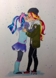 Size: 929x1280 | Tagged: safe, artist:theorderofalisikus, imported from derpibooru, sci-twi, sunset shimmer, twilight sparkle, human, beanie, clothes, coat, converse, eyes closed, female, glasses, hat, humanized, kiss on the lips, kissing, lesbian, pants, scarf, scitwishimmer, shipping, shoes, skirt, sneakers, snow, snowfall, sunsetsparkle