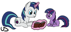 Size: 2413x1096 | Tagged: safe, artist:uber-dragon, imported from derpibooru, shining armor, twilight sparkle, book, magic, reading, simple background, telekinesis, transparent background