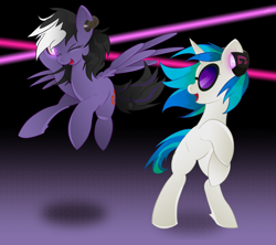 Size: 1600x1419 | Tagged: safe, artist:stec-corduroyroad, imported from derpibooru, dj pon-3, vinyl scratch, oc, oc:stormblaze, pegasus, pony, unicorn, canon x oc, disco, dubstep, female, flying, headphones, mare, shipping, standing, trance, vinyl