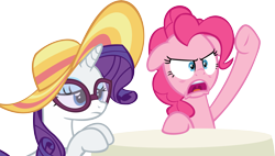 Size: 14772x8400 | Tagged: safe, artist:cyanlightning, imported from derpibooru, pinkie pie, rarity, every little thing she does, .svg available, absurd resolution, angry, glasses, hangover, hat, simple background, tired, transparent background, vector