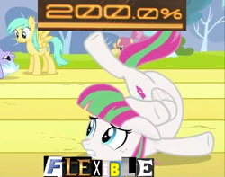 Size: 590x465 | Tagged: safe, edit, edited screencap, editor:watermelon changeling, imported from derpibooru, screencap, blossomforth, cloudchaser, dizzy twister, orange swirl, sunshower raindrops, pegasus, pony, hurricane fluttershy, 200% mad, backbend, contortionist, expand dong, exploitable meme, flexible, meme, that pony sure is flexible