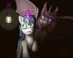 Size: 970x767 | Tagged: safe, artist:haretrinity, imported from derpibooru, princess cadance, shining armor, alicorn, bat pony, bat pony alicorn, pony, unicorn, bat ponified, black background, duo, fangs, female, frown, lamp, lantern, levitation, lovebat, magic, male, mare, open mouth, race swap, scared, shiningcadance, shipping, simple background, smiling, stallion, straight, telekinesis, this will end in screams, this will end in snuggles, this will end in tears