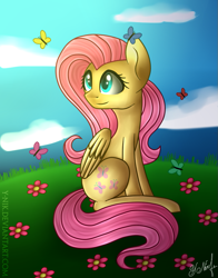 Size: 749x954 | Tagged: safe, artist:y-nik, imported from derpibooru, fluttershy, butterfly, female, flower, meadow, sitting, solo