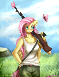 Size: 1000x1300 | Tagged: safe, artist:tendergamer, imported from derpibooru, fluttershy, anthro, butterfly, blushing, clothes, female, gun, jewelry, necklace, rifle, solo, tanktop, weapon