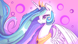 Size: 994x559 | Tagged: safe, artist:aunmoon, imported from derpibooru, princess celestia, alicorn, pony, female, lidded eyes, smiling, solo, spread wings