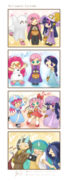 Size: 800x2087 | Tagged: safe, artist:howxu, imported from derpibooru, discord, fluttershy, pinkie pie, princess celestia, princess luna, twilight sparkle, ghost, human, vampire, series:my little kindergarten, 4koma, anna, bedsheets, blushing, broom, camera, chibi, clothes, comic, cosplay, costume, cute, cute little fangs, diapinkes, discute, dress, elsa, eyes closed, fangs, flandershy, flandre scarlet, frozen (movie), halloween costume, hat, horned humanization, humanized, jack-o-lantern, looking at you, mob cap, olaf, open mouth, patchouli knowledge, pumpkin, saigyouji yuyuko, shoes, shyabetes, skirt, smiling, snap, snowman, socks, sweatdrop, touhou, twiabetes, twichouli, winged humanization, witch, witch hat