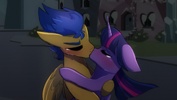 Size: 3000x1688 | Tagged: safe, artist:little-tweenframes, deleted from derpibooru, imported from derpibooru, flash sentry, twilight sparkle, alicorn, pony, blushing, crying, flashlight, injured, kissing, male, shipping, straight, tears of joy, twilight sparkle (alicorn)