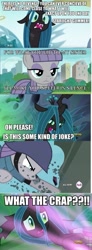 Size: 355x960 | Tagged: safe, edit, edited screencap, imported from derpibooru, screencap, maud pie, queen chrysalis, changeling, changeling queen, earth pony, pony, maud pie (episode), the gift of the maud pie, to where and back again, comic, female, implied pinkie pie, mare, now you fucked up, screencap comic, shit just got real