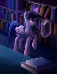 Size: 1150x1500 | Tagged: safe, artist:camyllea, imported from derpibooru, twilight sparkle, alicorn, pony, book, bookshelf, female, library, magic, raised hoof, solo, telekinesis, twilight sparkle (alicorn)