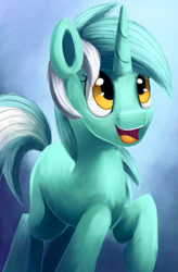 Size: 983x1500 | Tagged: safe, artist:camyllea, imported from derpibooru, lyra heartstrings, pony, female, looking up, missing cutie mark, open mouth, raised hoof, smiling, solo